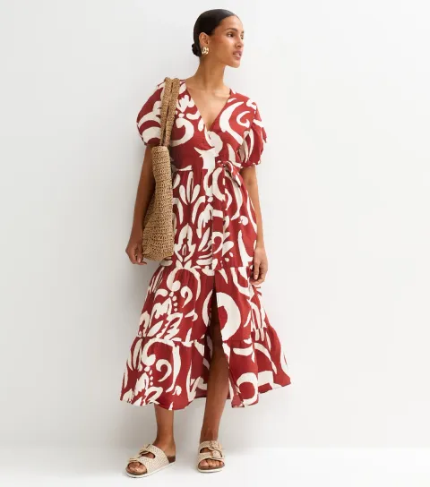 Women's Red Abstract Print Wrap Midi Dress