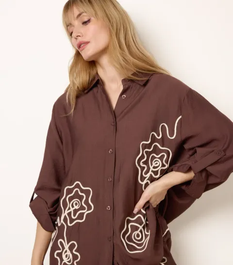 Women's Dark Brown Floral Embroidered Shirt
