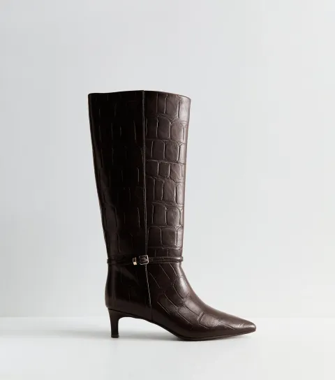 Women's Dark Brown Faux Leather Crocodile Embossed Pull On Boots Vegan