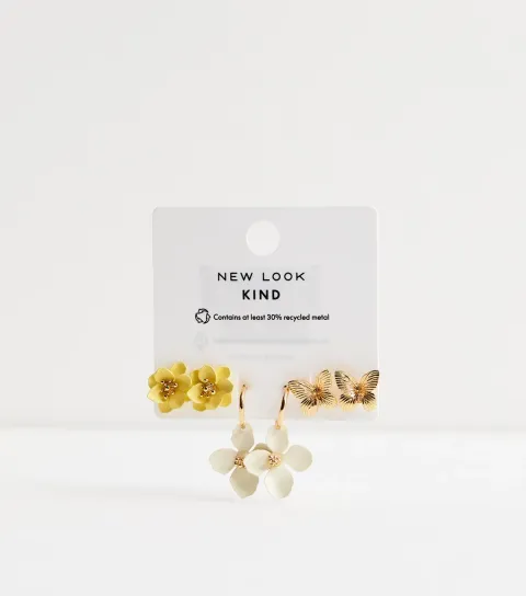 Gold Pack Of 3 Flower Butterfly Stud Hoop Earrings