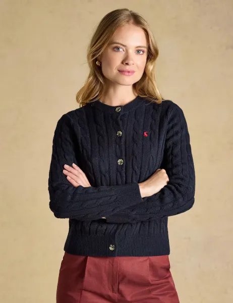 Joules Cable Knit Button Up Cardigan with Wool Navy