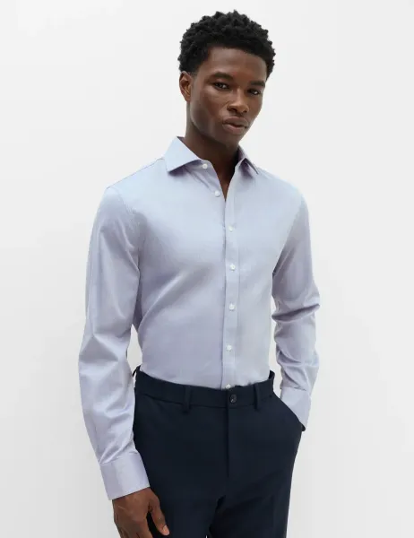 Marks & Spencer Slim Fit Ultimate Non Iron Pure Cotton Textured Shirt Blue