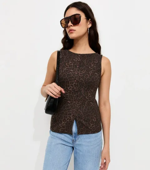 Women's Brown Cotton Rich Leopard Print Button Front Ribbed Tank Top