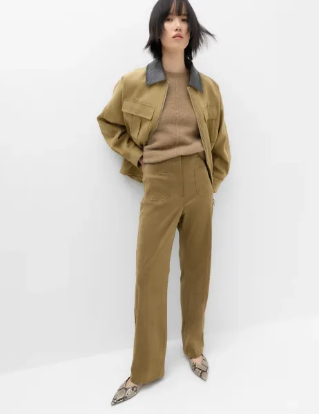 Marks & Spencer Faux Suede Straight Leg Trousers Pale Green
