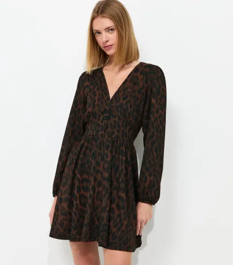 New Look Women's Brown Long Sleeve Leopard Print Crinkle Texture V-Neck Button Mini Dress