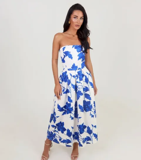 Women's Blue Bandeau A-Line Midi Dress