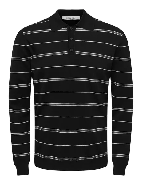 Only & Sons Striped Collared Knitted Polo Shirt Black Mix