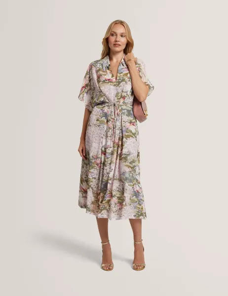 Ted Baker Floral Tie Waist Midi Shirt Dress Pink Mix