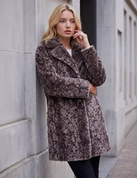 Roman Petite Animal Print Faux Fur Coat Taupe