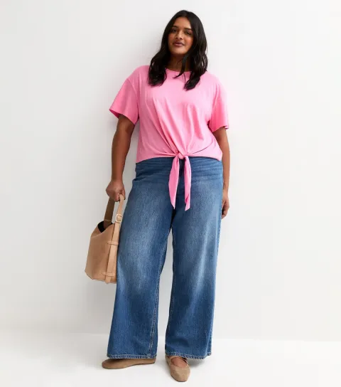 New Look Women's Plus Size Bright Pink Tie Front T-Shirt Curves