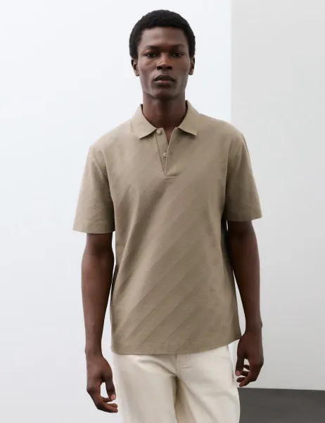 Autograph Pure Cotton Textured Jacquard Button Polo Shirt Sable