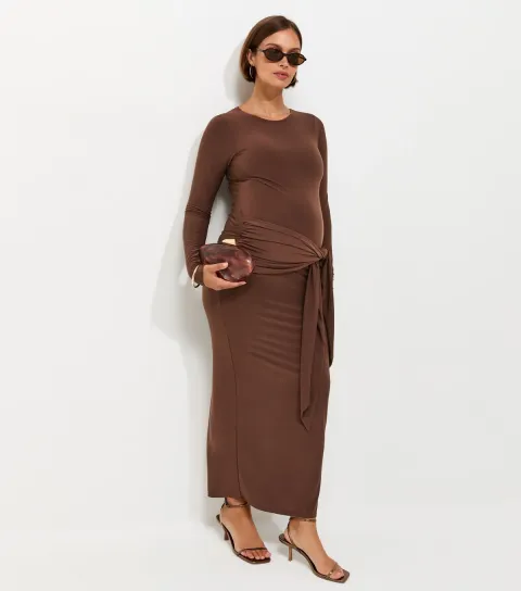 Women's Maternity Dark Brown Long Sleeve Bow Under Bump Jersey Dress