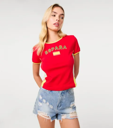 Women's Red Espana Embellished Football Top