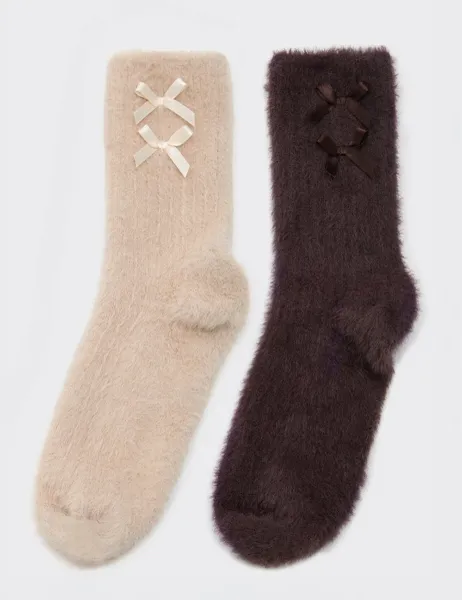 Boux Avenue 2 Pack Bow Trim Ribbed Fluffy Socks