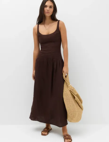 Marks & Spencer Pure Linen Scoop Neck Waisted Midaxi Dress Peat