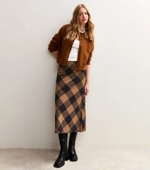 Women's Brown Check Midi Skirt