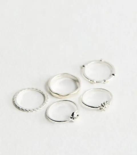 Pack of 5 Silver Tone Sun and Moon Rings
