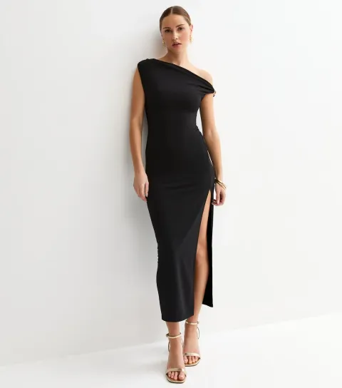 Women's Black Jersey Off The Shoulder Midi Dress