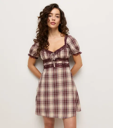 Women's Petite Brown Check Lace Milkmaid Mini Dress