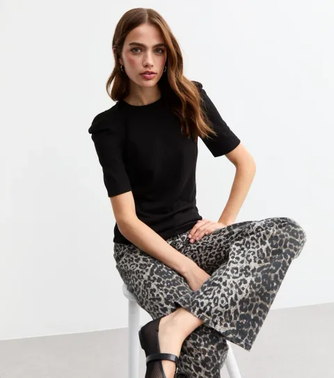 Women's Black Gathered Puff Sleeve Soft Touch Top