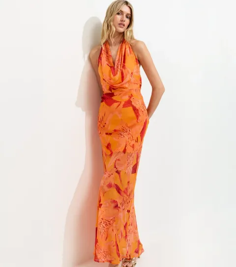 Women's Tall Bright Orange Floral Halter Maxi Dress