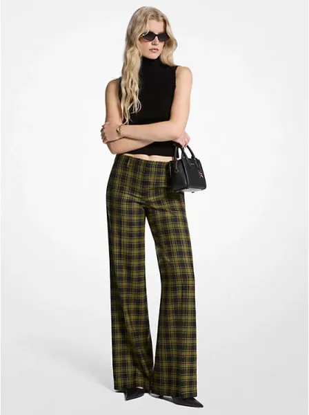 Plaid Print Stretch Wool Pants