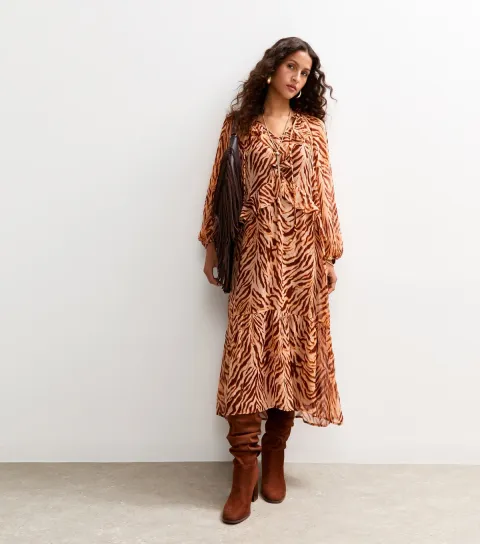 Women's Brown Animal Print Chiffon Midi Dress