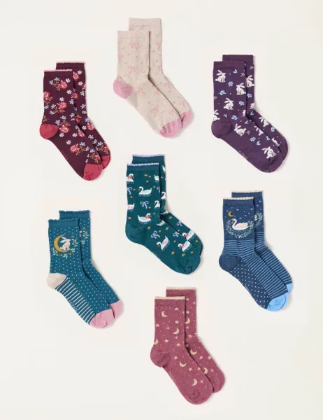 FatFace 7-Pack Cotton Rich Patterned Fluffy Socks Multi