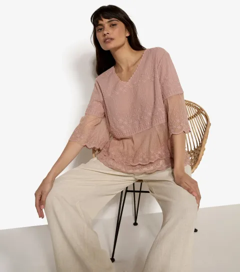 Women's Light Pink Floral Embroidered Tiered Blouse