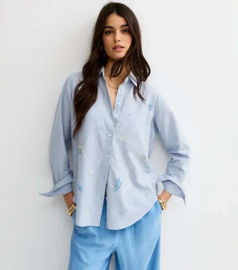 Women's Blue Seaside Bead Embellished Long Sleeve Shirt