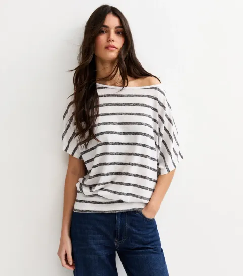Women's White Soft Touch Stripe Print Batwing Top
