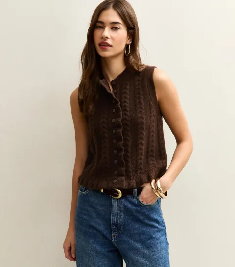New Look Women's Dark Brown Cable Knit Frill Trimmed Waistcoat