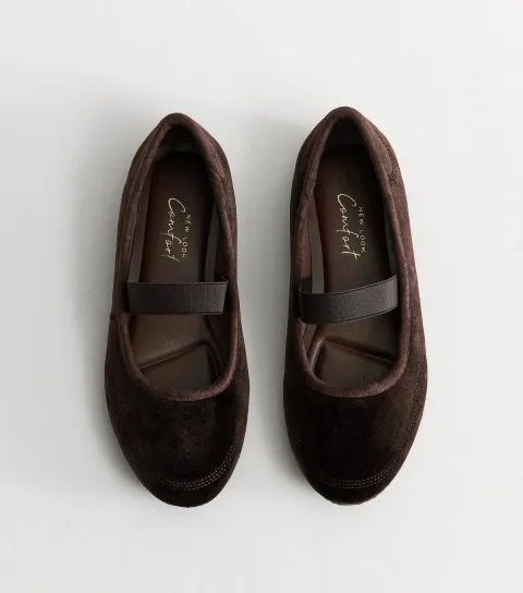 New Look Women's Wide Fit Dark Brown Velvet Sneakerina Ballet Flats