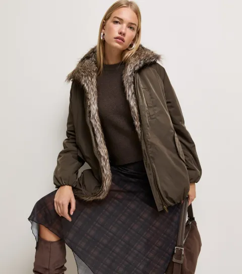 New Look Women's Dark Khaki Faux Fur Collar Padded Parka