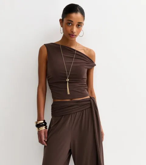 New Look Women's Dark Brown Draped Off The Shoulder Top