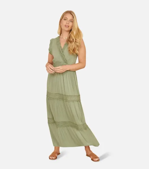 Women's Light Green Lace Trim Maxi Dress
