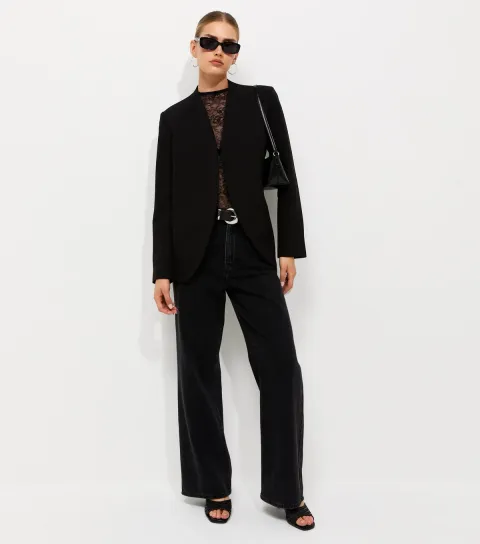 Women's Black Semi Sheer Lace Long Sleeve Bodysuit