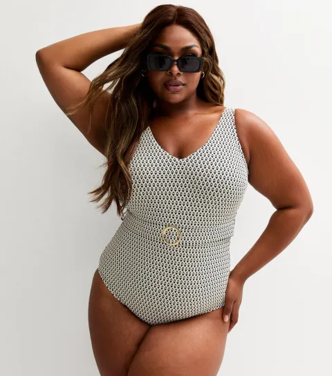 Women's Plus Size Black Geometric Print Belted Swimsuit Curves