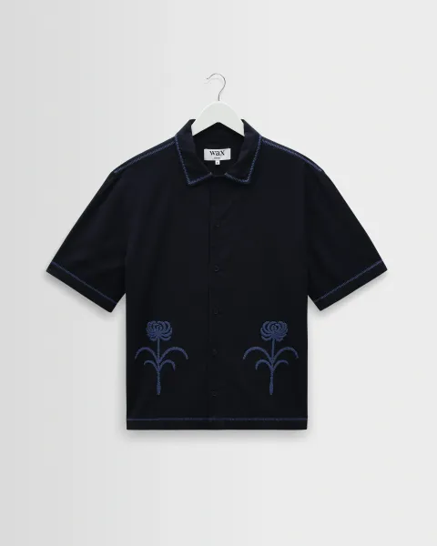 Keats - Navy and Blue Embroidered Short-Sleeve Shirt
