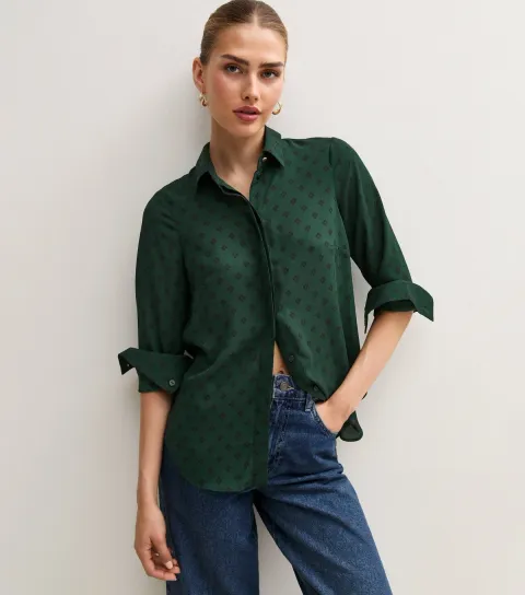New Look Women's Green Geometric Print Long Sleeve Shirt