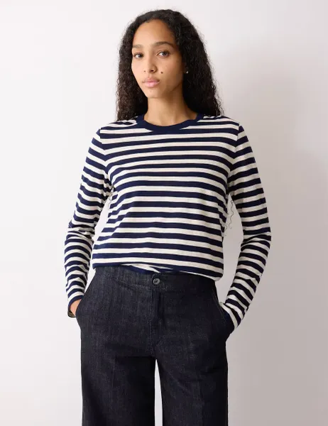 Jigsaw Pure Cotton Slub Striped Slim Fit Top Navy Mix