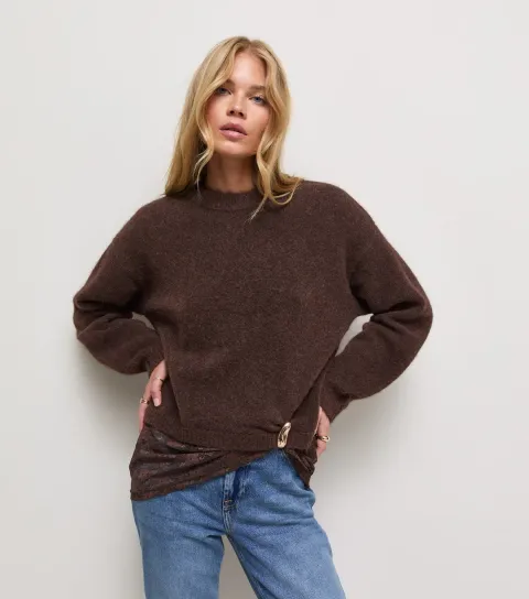 New Look Women's Dark Brown Lace Hem Brooch Jumper with Wool
