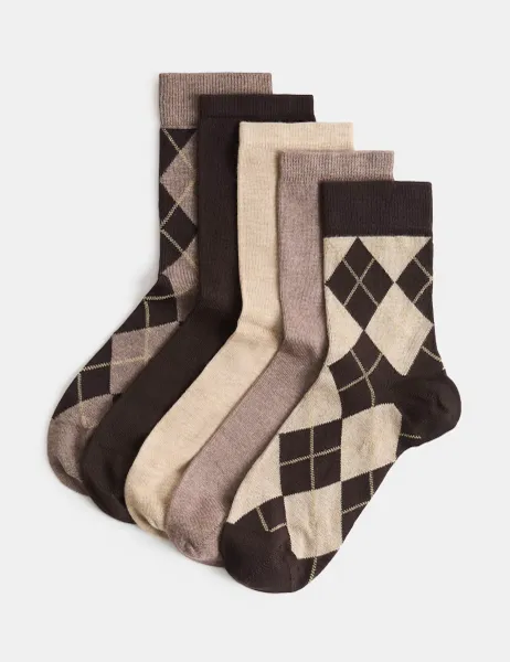 Marks & Spencer 5 Pack Argyle Sparkle Crew Socks Chocolate Mix