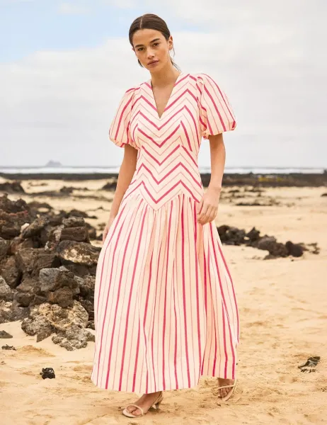 RO&ZO Pure Cotton Striped Puff Sleeve Midaxi Dress Pink Mix