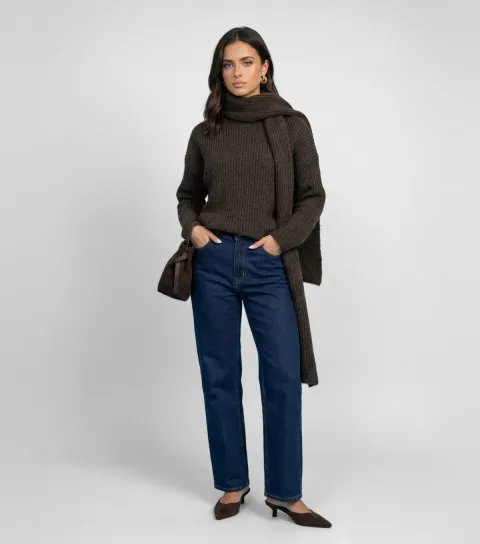 Urban Bliss Women's Brown Ribbed Scarf Detail Jumper