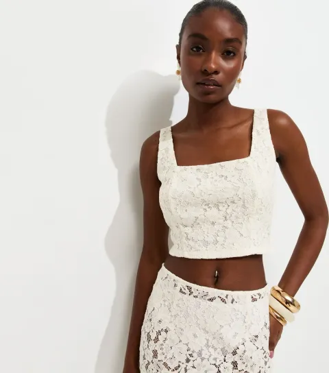 Women's Off White Lace Square Neck Crop Top