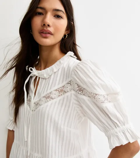 Women's White Striped Ruffle Tie Neck Blouse