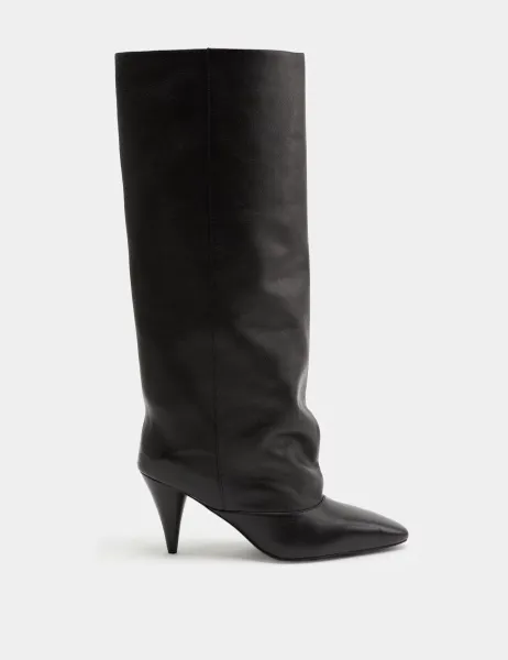 Marks & Spencer Leather Ruched Stiletto Heel Knee High Boots Black