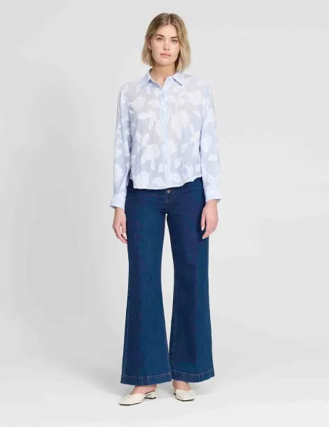 Finery London Pure Cotton Jacquard Embroidered Relaxed Shirt Blue Mix