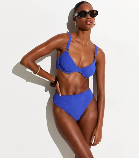 Women's Blue Crinkle Textured High Waist Bikini Briefs